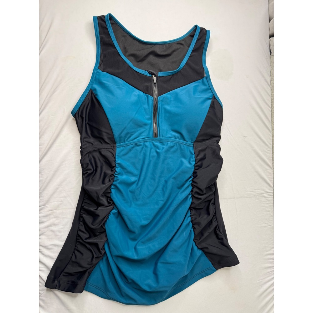 Bloomchic Teal Black Colorblock Ruched Zip Front Tankini Swim Top NWT Size 10